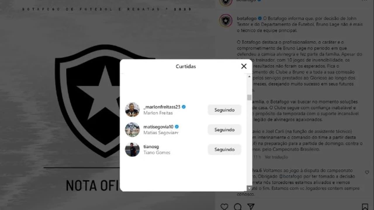 Dois jogadores do Botafogo curtem postagem anunciando demissão de Bruno Lage